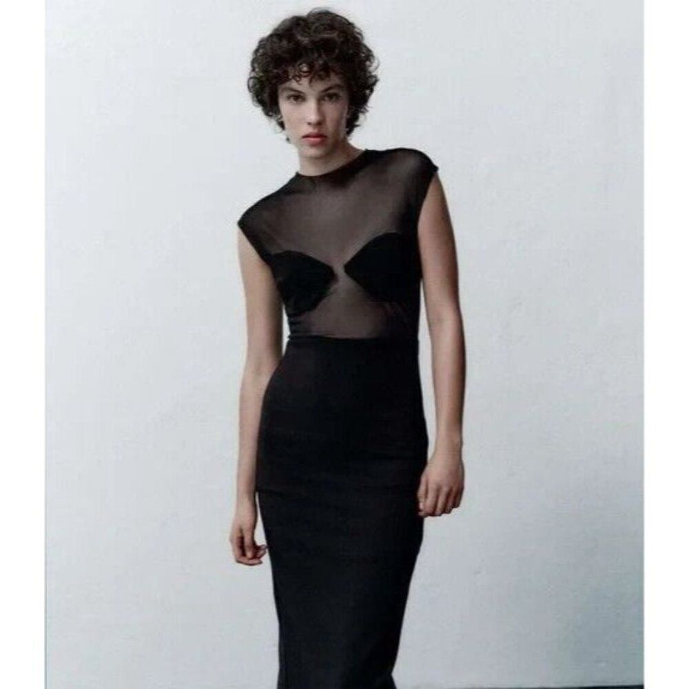 Zara Black Sheer-Panel Midi Dress